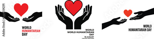 Konstfotografi Minimalist world humanitarian day graphics showing hands passing heart symbols for kindness and charitable giving