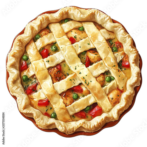 Delicious chicken pot pie with lattice crust and colorful vegetables isolated on white background
