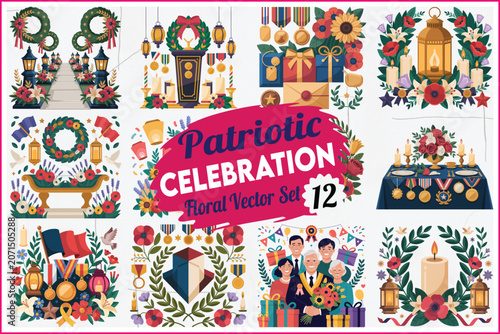 Patriotic celebration, rural vector set, 12 icons, American flags, floral wreaths