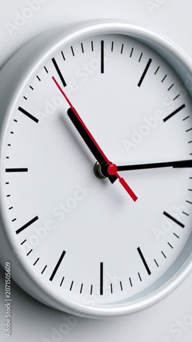 White wall clock with black hour and minute hand, red second hand, minimal design, time concept, close up macro detail, modern style, time lapse, urgency, punctuality, round shape, macro photography