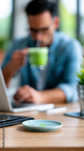 Matcha drink glass with straw wooden table, man background enjoying morning cafe, relaxed atmosphere, natural light, casual style, modern workspace, laptop, focus beverage, blurred background