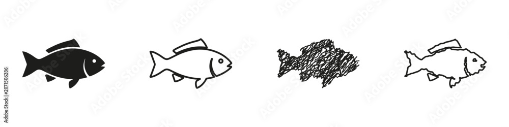 Fototapeta premium A set of diverse fish graphics including a solid silhouette, a clean outline, a scribbled sketch, and a hand-drawn doodle