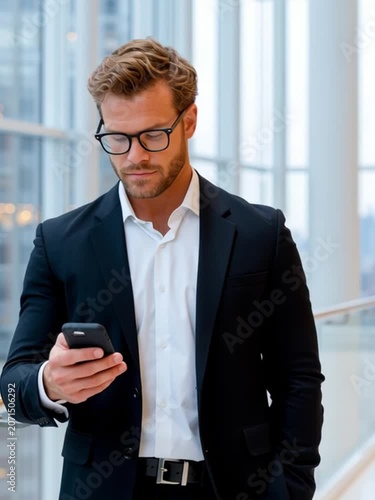 Businessman man black suit white shirt glasses standing modern office using smartphone, confident professional male urban background natural light focused expression, corporate environment city view