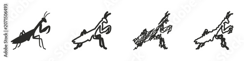 Canvastavla A collection of artistic interpretations of a praying mantis, showcasing a solid