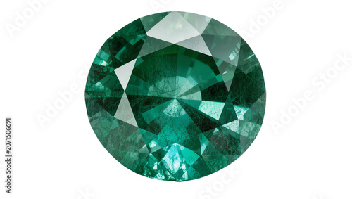 Tableau sur toile Round cut deep green gemstone with brilliant facets, isolated on transparent bac