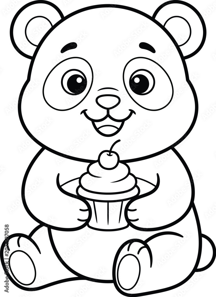 Obraz premium Smiling panda bear holding a cupcake