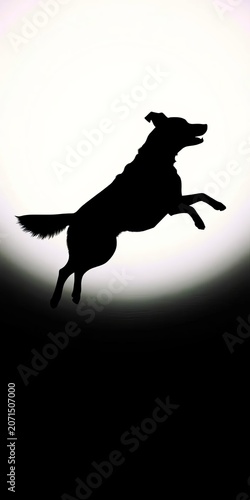 Dramatic black silhouette of a leaping dog against a contrasting light background, modern aesthetic, bold outline