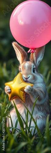 Furry rabbit grasping star balloon tightly in its paws, surrounded by lush green grass, wildlife, animal