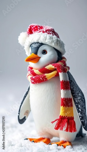 Frosty penguin in Santa hat and scarf, standing on white background, Christmas, frosty
