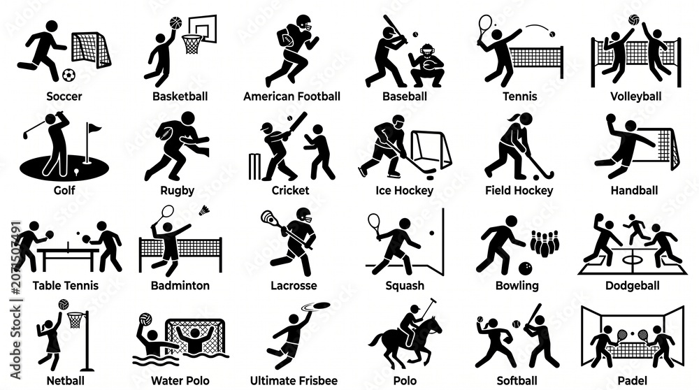 Fototapeta premium Collection of twenty‑four solid black icons depicting ball games and sports activities, symbolizing athletic movement, competition, and recreation in modern minimalist graphic design.