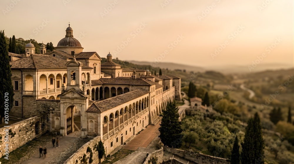 Fototapeta premium Ancient Monastery Architecture at Sunset in the Italian Countryside