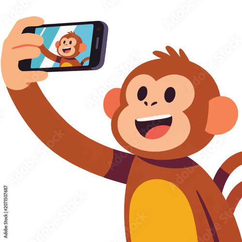 Photography Simple vector art of a cute monkey taking a selfie with a smartphone, featuring playful expression, fun animal character, clean outlines, modern style, and cheerful concept artwork