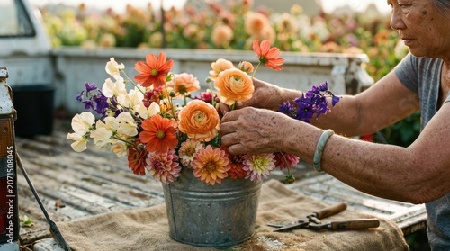 Senior woman arranging a vibrant colorful bouquet of fresh flowers in a rustic bucket