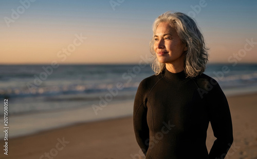 Confident mature woman with grey hair wearing a wetsuit on beach at sunset