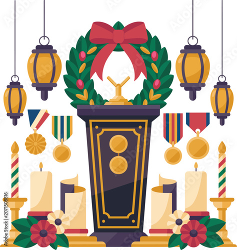 Award podium, Christmas decoration, wreath, medals, candles