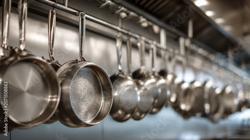 Shiny stainless steel pots and pans hang neatly from an overhead rack in a busy, well-equipped kitchen