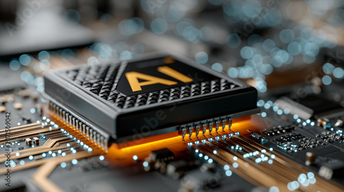 A stunning futuristic 3D visualization of an advanced central processing unit engraved with gold AI text, glowing with orange under-lighting data lines.