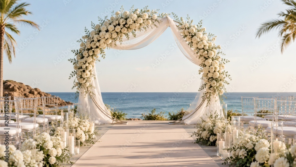 Fototapeta premium Floral Wedding Arch On Oceanfront Beach Ceremony Platform