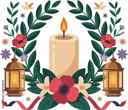 Candle, Floral Wreath, Lanterns, Vector Illustration