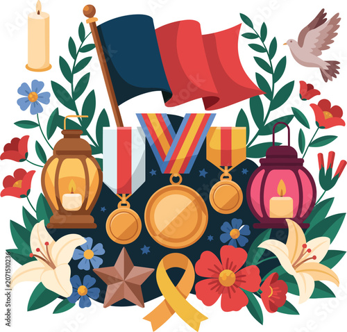 Memorial, Remembrance, Patriotic, Medal, Flag, Vector Icons
