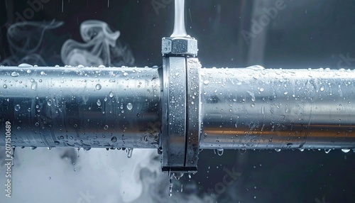  Frosted Metal Pipe with Rising Vapor on Dark Industrial Background