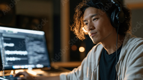 Music producer seated in a soundproof studio booth adjusting algorithmic composition parameters on a touchscreen interface, melodic waveforms shifting in response, an AI music