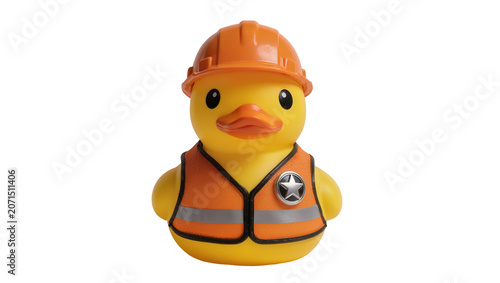Obraz na plátně Yellow rubber duck wearing orange hard hat and safety vest, isolated on transpar
