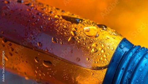 Icy Glass Bottle with Condensation Drops in Golden Hour Light