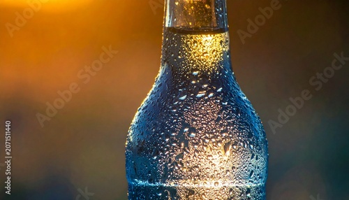 Icy Glass Bottle with Condensation Drops in Golden Hour Light