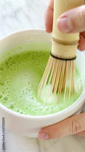 vertical of Whisking matcha powder in hot water creates vibrant green tea with frothy texture, traditional Japanese tea ceremony, healthy beverage, calming and refreshing mood, and experience