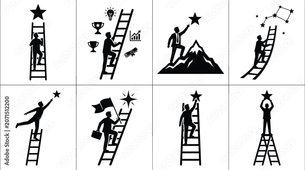 Fototapeta premium Black silhouette illustrations of people climbing ladders, reaching stars, and achieving success with motivational career growth concepts