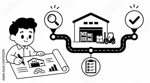 Business logistics planning and warehouse management illustration.