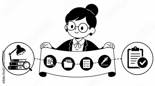 Cartoon woman holding banner with icons.