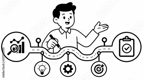 Businessman pointing at workflow process diagram.