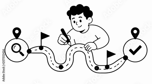 Person drawing a winding path with location pins and checkmarks.