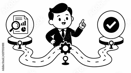 Businessman balancing scales with document and checkmark.