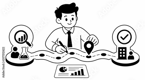 Businessman analyzing data and planning strategy at desk.