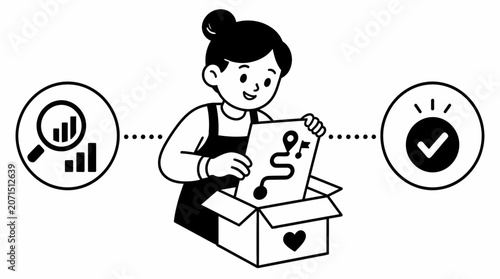 Woman opening box with love and satisfaction icons.
