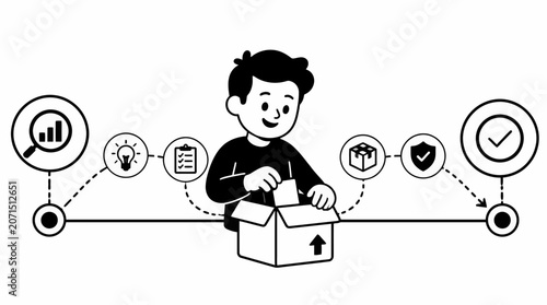 Person opening a box with icons around.