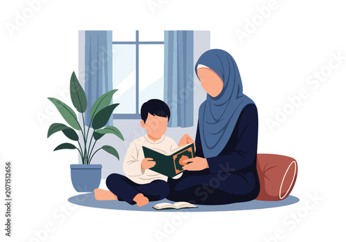 Flat style vector illustration of Muslim mother teaching Quran to her child at home with nurturing guidance. Perfect for Islamic education, parenting, faith development and family values