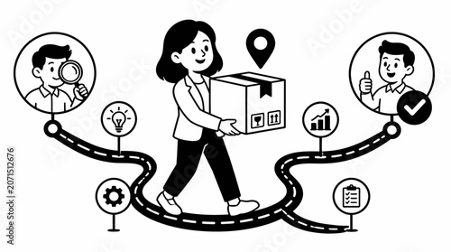 Woman carrying package on winding path illustration.