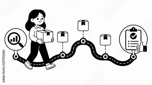 Woman walking on delivery route with packages and icons.