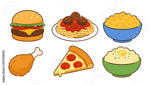 Bilde på lerret Comfort food icon set with burger pizza pasta and side dishes