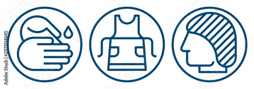 Wash your hands, apron and hair net fitting sign. Food industry infographics. Food manufacturing instructions symbols.