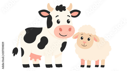 Fotografie Cute cow and sheep cartoon vector isolated on white