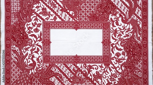 Traditional indonesian batik fabric pattern with phoenix motif and copy space
