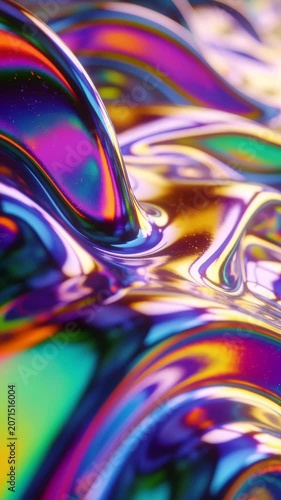 Glossy waves swirl in vivid rainbow colors. Liquid surfaces shine with bright metallic reflections. Seamless patterns move fluidly across the frame. Ideal for digital art and design projects