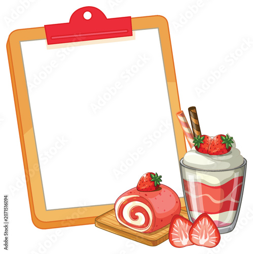Blank Clipboard with Strawberry Swiss Roll and Parfait Dessert Illustration