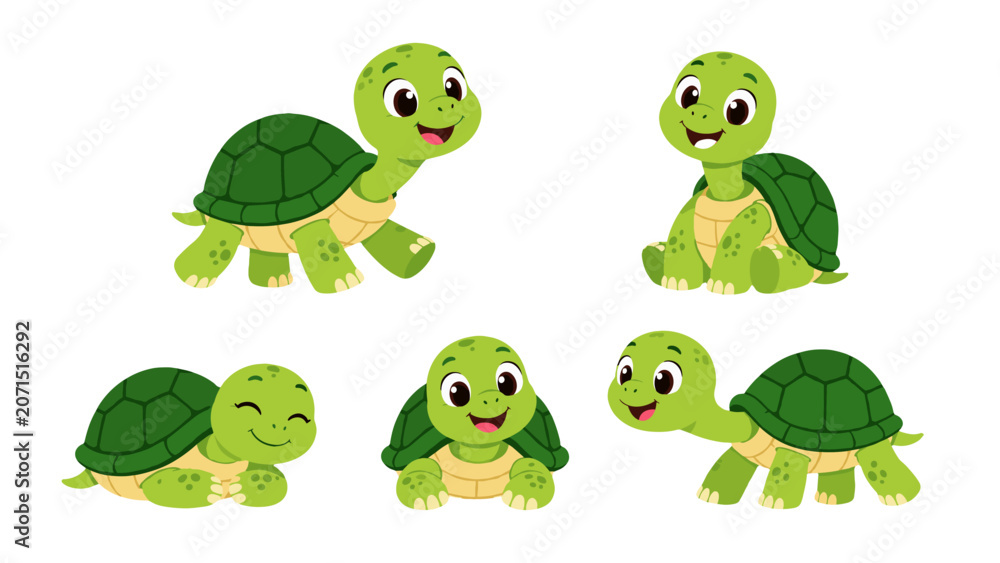 Obraz premium Cute green turtle characters in different poses on white