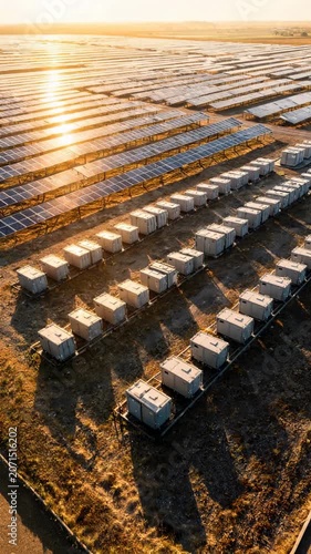 Aerial view of solar panels and battery units at sunrise. Golden light reflects across panels. Modern energy infrastructure stretches across dry field. Scene conveys sustainable power
